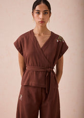 A Model Wearing Brown Organic Cotton The Berry Bright Everyday Organic Cotton Wrap Top, curated by Only Ethikal